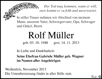 Traueranzeige von Rolf Müller von WVG - Wochenspiegel NMB / WSF / ZTZ