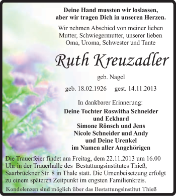 Traueranzeige von Ruth Kreuzadler von Super Sonntag Quedlinburg