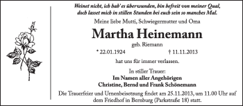 Traueranzeige von Martha Heinemann von Super Sonntag Dessau / Köthen