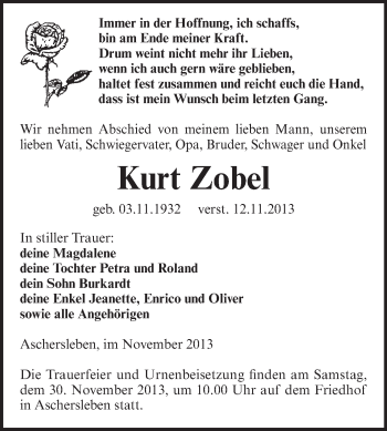 Traueranzeige von Kurt Zobel von WVG - Wochenspiegel Aschersleben