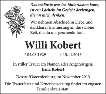 Traueranzeige von Willi Kobert von Super Sonntag Dessau / Köthen