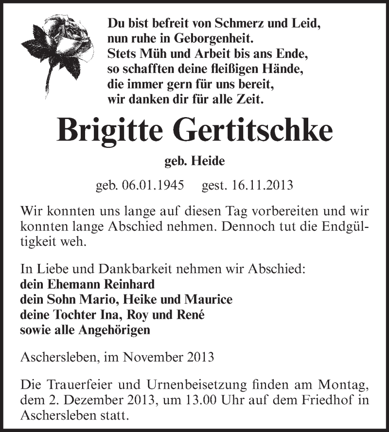  Traueranzeige für Brigitte Gertitschke vom 20.11.2013 aus WVG - Wochenspiegel Aschersleben
