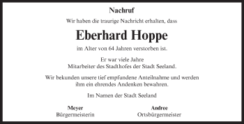 Traueranzeige von Eberhard Hoppe von WVG - Wochenspiegel Aschersleben
