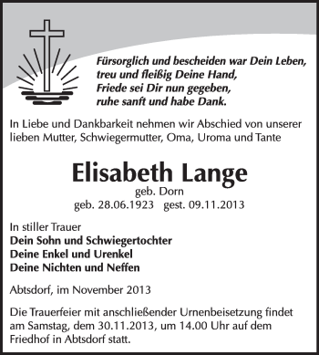 Traueranzeige von Elisabeth Lange von WVG - Wochenspiegel Wittenberg