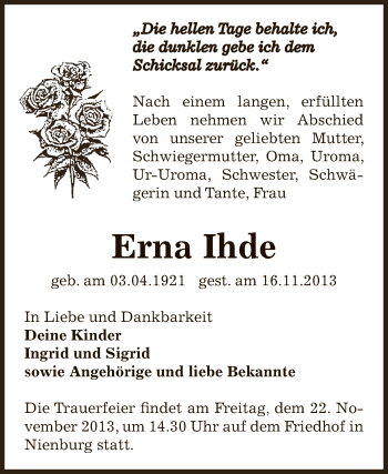 Traueranzeige von Erna Ihde von WVG - Wochenspiegel Bernburg