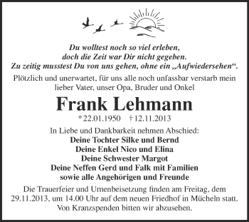 Traueranzeige von Frank Lehmann von WVG - Wochenspiegel Merseburg