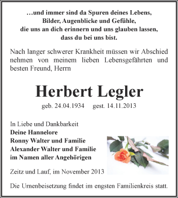 Traueranzeige von Herbert Legler von WVG - Wochenspiegel NMB / WSF / ZTZ