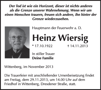 Traueranzeige von Heinz Wiersig von WVG - Wochenspiegel Wittenberg