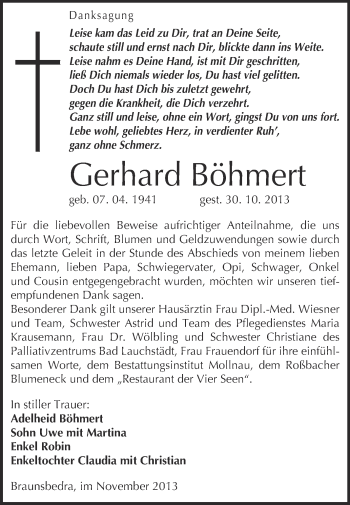 Traueranzeige von Gerhard Böhmert von WVG - Wochenspiegel Merseburg