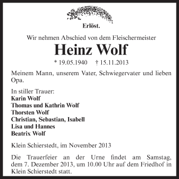 Traueranzeige von Heinz Wolf von WVG - Wochenspiegel Aschersleben