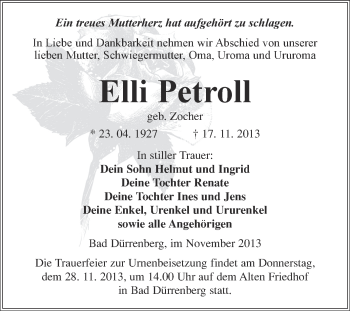 Traueranzeige von Elli Petroll von Super Sonntag Merseburg