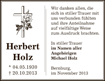 Traueranzeige von Herbert Holz von Super Sonntag Bernburg