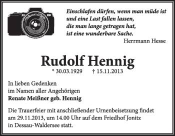 Traueranzeige von Rudolf Henning von Super Sonntag Dessau / Köthen