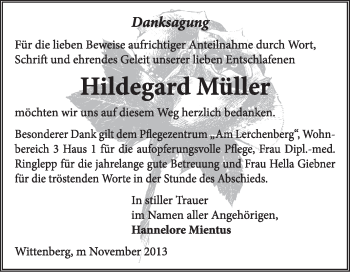 Traueranzeige von Hildegard Müller von Super Sonntag Wittenberg