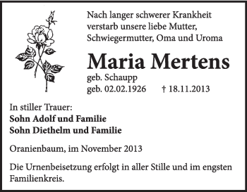 Traueranzeige von Maria Mertens von WVG - Wochenspiegel Wittenberg