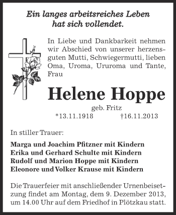 Traueranzeige von Helene Hoppe von Super Sonntag Bernburg