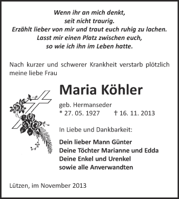 Traueranzeige von Maria Köhler von Super Sonntag Merseburg