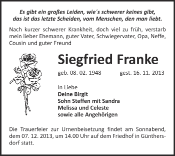 Traueranzeige von Siegfried Franke von Super Sonntag Merseburg