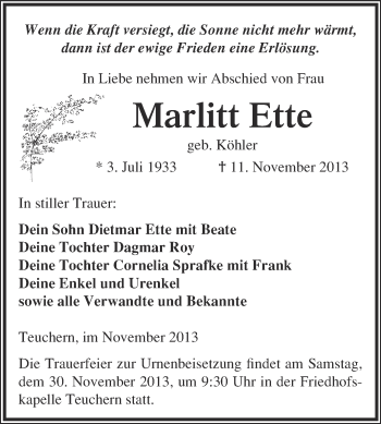 Traueranzeige von Marlitt Ette von WVG - Wochenspiegel NMB / WSF / ZTZ