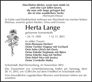 Traueranzeige von Herta Lange von WVG - Wochenspiegel Merseburg