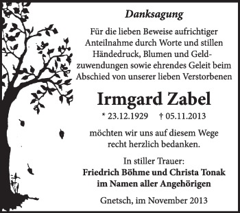 Traueranzeige von Irmgard Zabel von Super Sonntag Dessau / Köthen