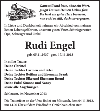 Traueranzeige von Rudi Engel von WVG - Wochenspiegel Wittenberg