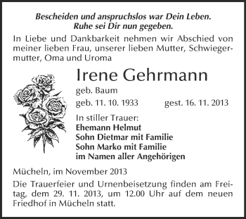 Traueranzeige von Irene Gehrmann von WVG - Wochenspiegel Merseburg
