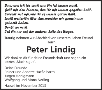 Traueranzeige von Peter Lindig von Super Sonntag Zeitz