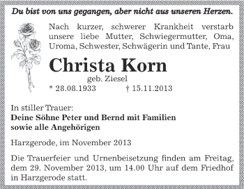 Traueranzeige von Christa Korn von Super Sonntag SGH Mansf. Land