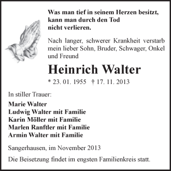 Traueranzeige von Heinrich Walter von Super Sonntag SGH Mansf. Land