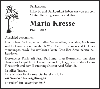 Traueranzeige von Maria Kresse von WVG - Wochenspiegel NMB / WSF / ZTZ
