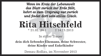 Traueranzeige von Rita Hitschfeld von WVG - Wochenspiegel Dessau / Köthen