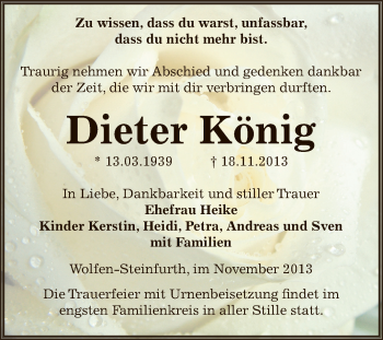 Traueranzeige von Dieter König von WVG - Wochenspiegel Bitterfeld