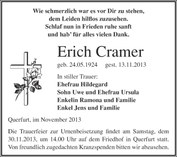 Traueranzeige von Erich Cramer von WVG - Wochenspiegel Merseburg