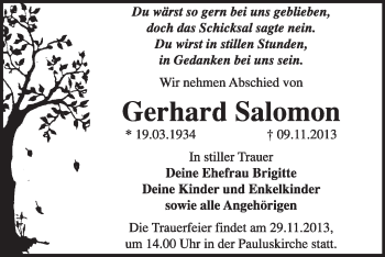 Traueranzeige von Gerhard Salomon von Super Sonntag Dessau / Köthen