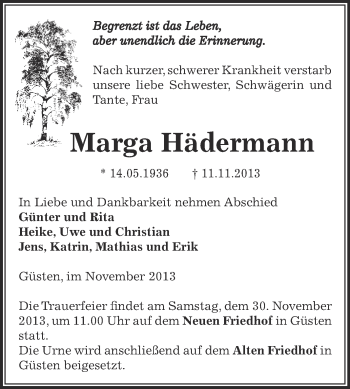 Traueranzeige von Marga Hädermann von Super Sonntag Bernburg