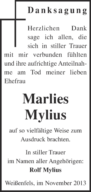 Traueranzeige von Marlies Mylius von WVG - Wochenspiegel NMB / WSF / ZTZ