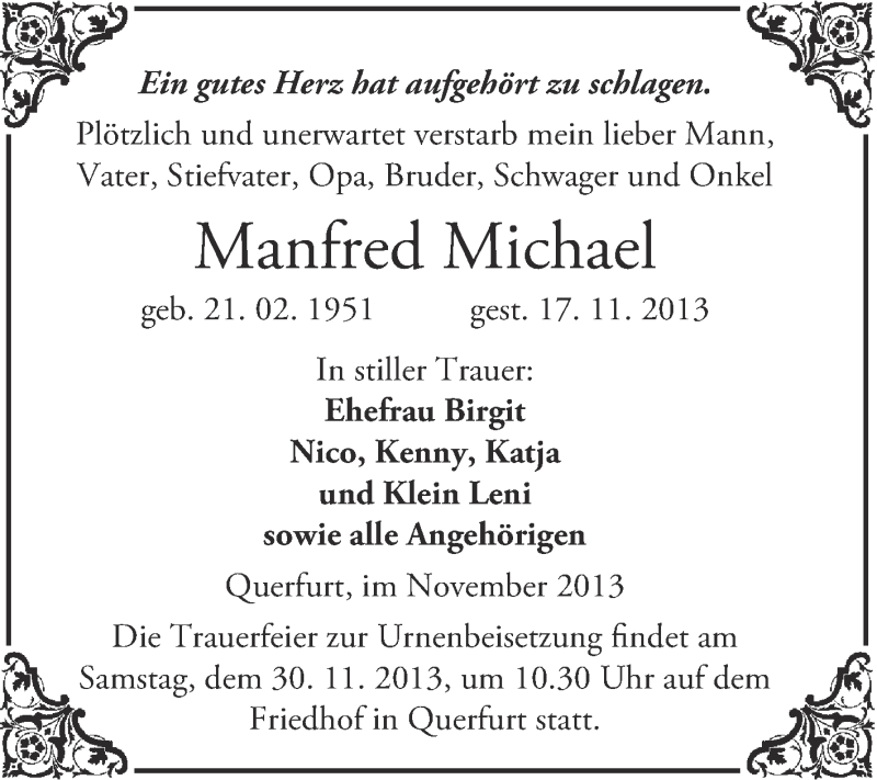  Traueranzeige für Manfred Michael vom 24.11.2013 aus WVG - Wochenspiegel Merseburg