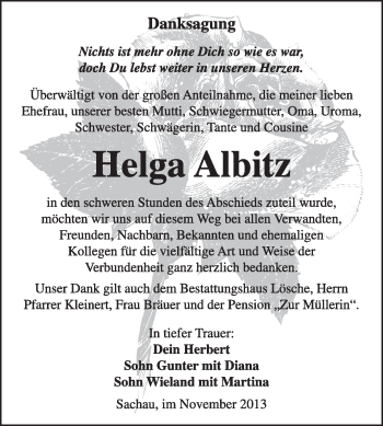 Traueranzeige von Helga Albitz von WVG - Wochenspiegel Wittenberg