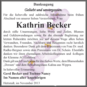Traueranzeige von Kathrin Becker von Wochenspiegel Mansfelder Land