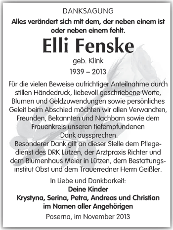 Traueranzeige von Elli Fenske von Super Sonntag Merseburg