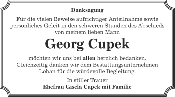Traueranzeige von Georg Cupek von WVG - Wochenspiegel Bitterfeld