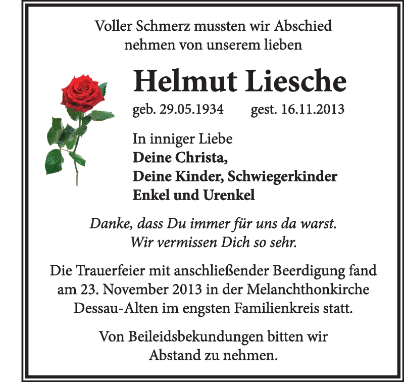 Traueranzeige für Helmut Liesche vom 24.11.2013 aus Super Sonntag Dessau / Köthen