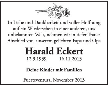 Traueranzeige von Harald Eckert von Super Sonntag Wittenberg
