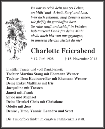 Traueranzeige von Charlotte Feierabend von WVG - Wochenspiegel NMB / WSF / ZTZ