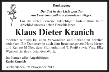 Traueranzeige von Klaus Dieter Kranich von WVG - Wochenspiegel Aschersleben