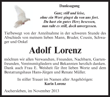 Traueranzeige von Adolf Lorenz von WVG - Wochenspiegel Aschersleben