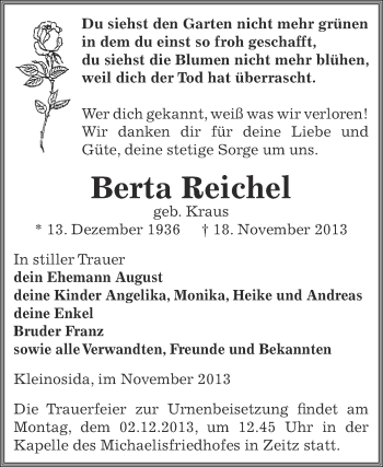 Traueranzeige von Berta Reichel von Super Sonntag Zeitz