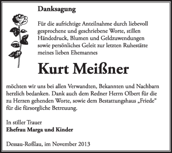 Traueranzeige von Kurt Meißner von Super Sonntag Dessau / Köthen