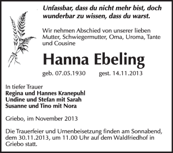 Traueranzeige von Hanna Ebeling von WVG - Wochenspiegel Wittenberg